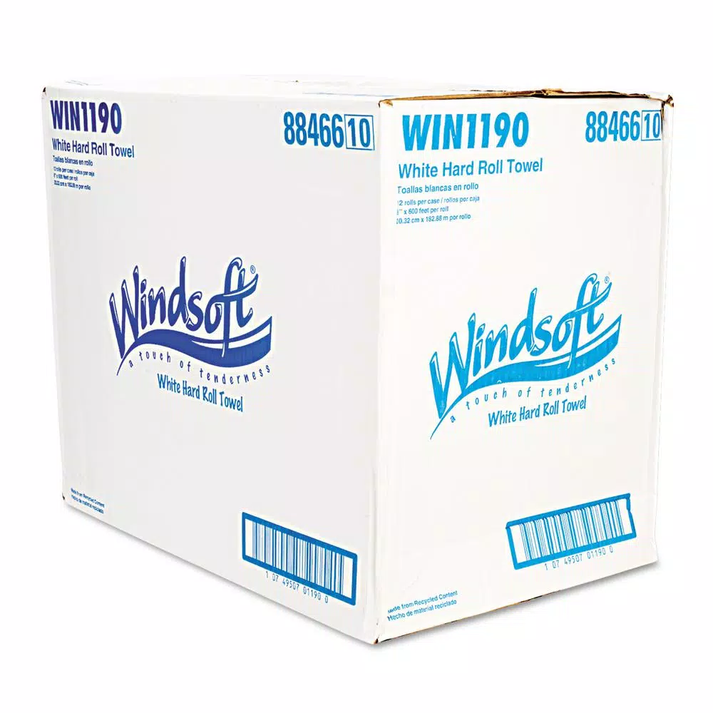 Windsoft White Hardwound Roll Towels, 8 in. x 600 ft, 1-Ply, 12 Rolls per Carton