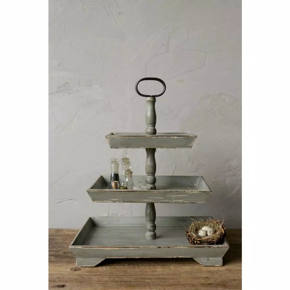 3R Studios Bungalow Lane Grey 3-Tier Decorative Tray with Distressed Wood & Metal Construction