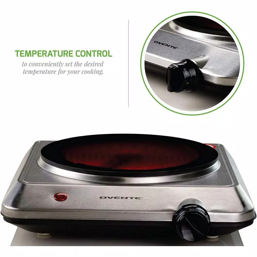 Ovente 1000W Electric Infrared Single Burner Cooktop, Silver Ceramic Glass Hot Plate