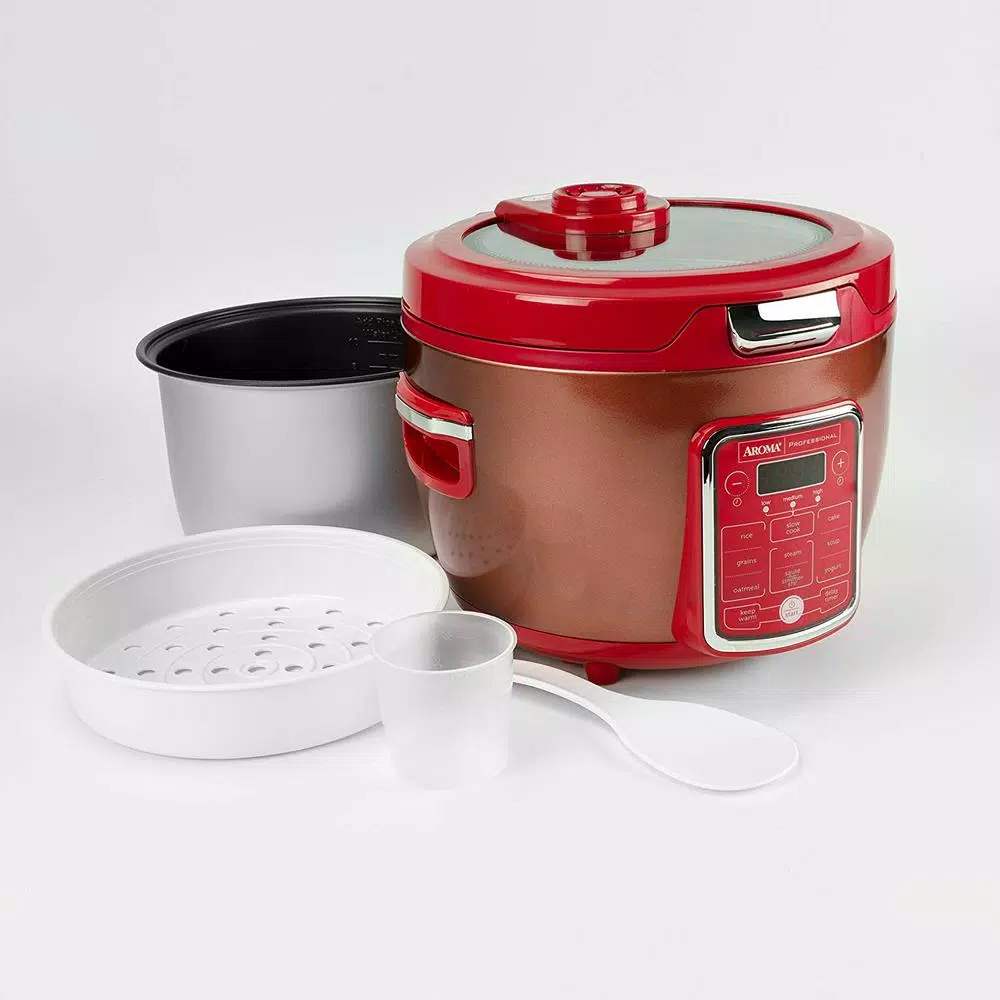 AROMA 20-Cup Red Rice Cooker and Slow Cooker with Glass Lid, 11 Programmable Functions
