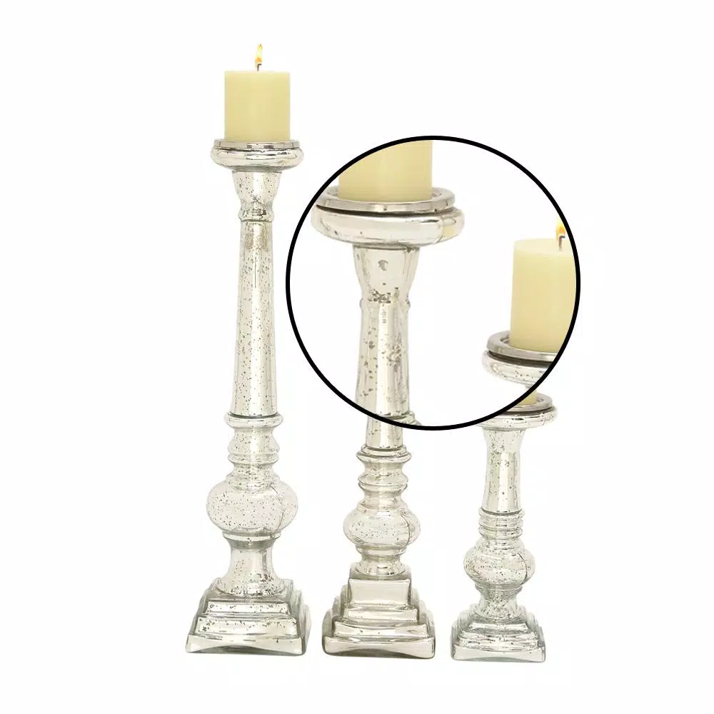 LITTON LANE Silver Glass Square-Based Candle Holders, Set of 3