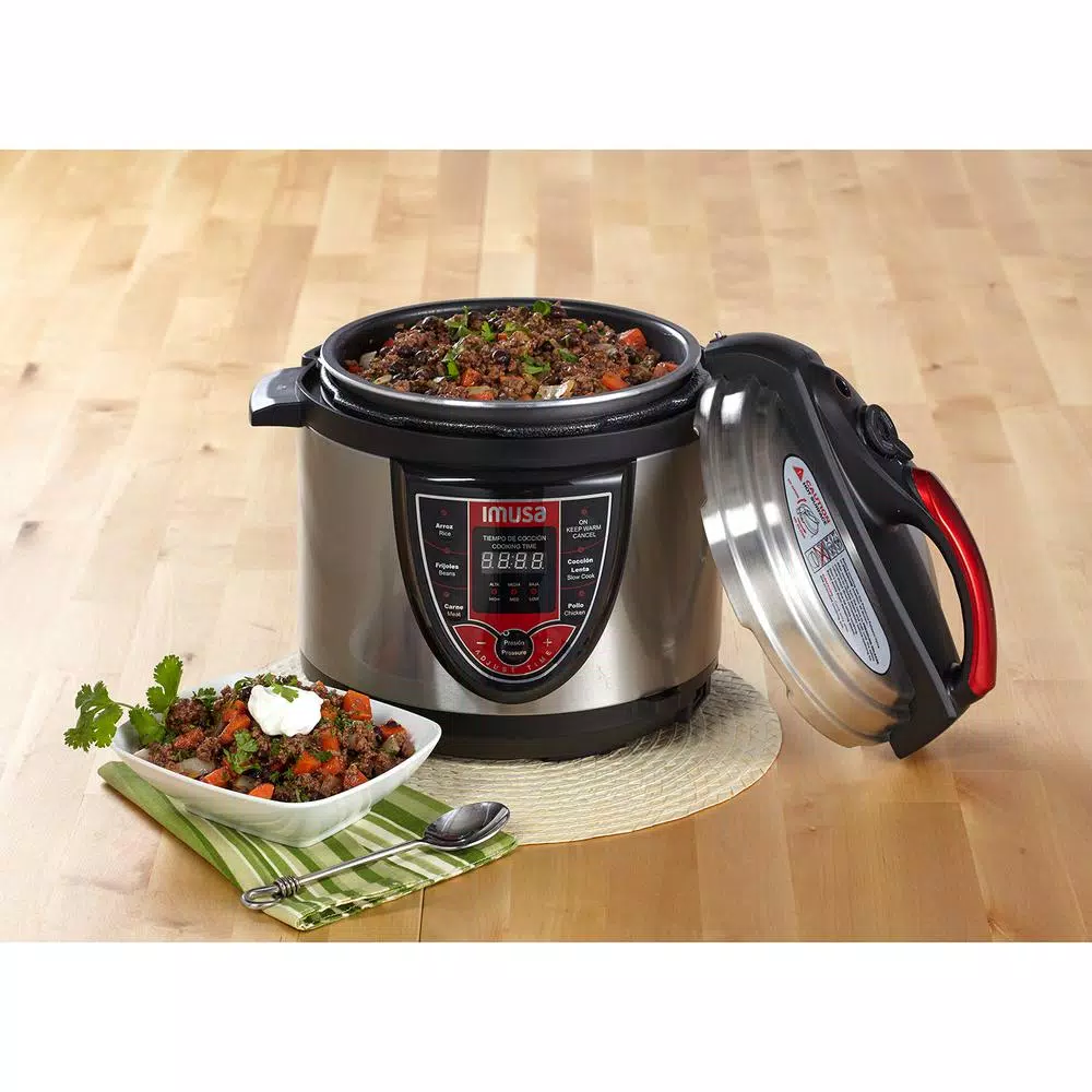 IMUSA 5 Qt. Electric Pressure Cooker, Silver and Red with Digital Display