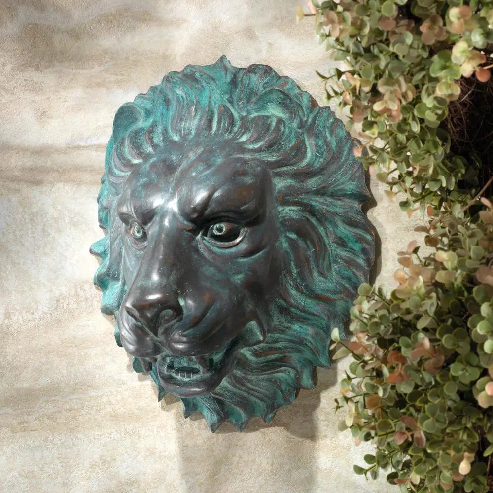 Design Toscano 13 in. Florentine Lion Head Bronze Wall Fountain with Verdigris Patina