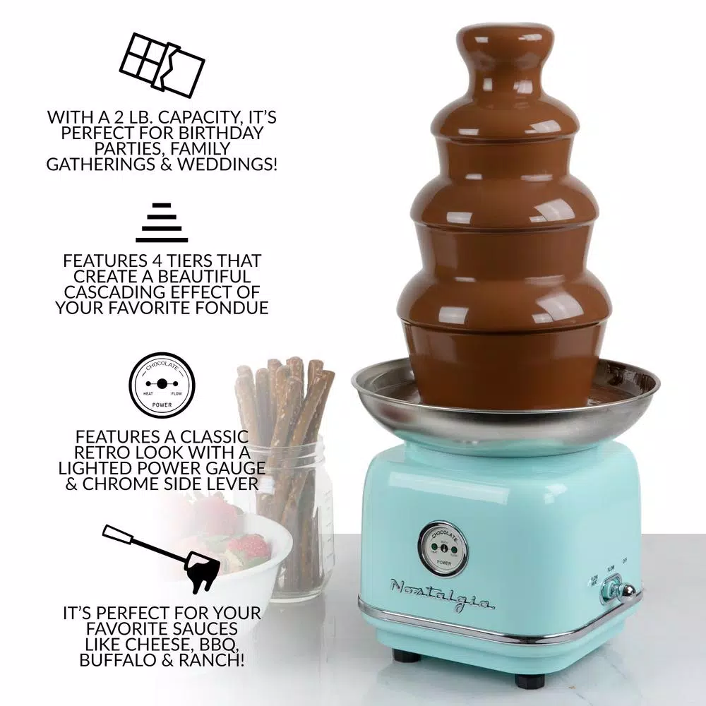 Nostalgia 4-Tier Aqua Chocolate Fountain with LED Power Gauge and Heated Stainless Steel Bowl