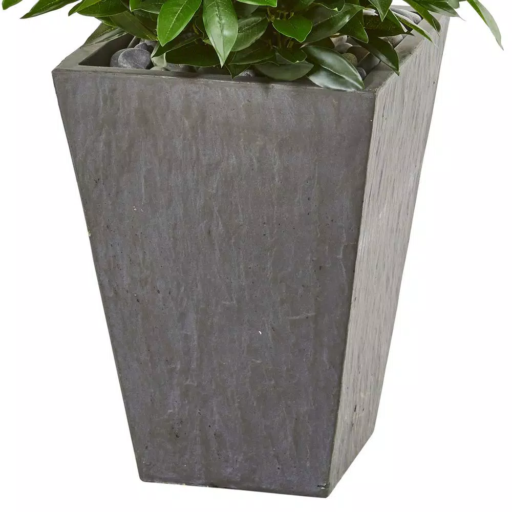 Nearly Natural 57-In. Artificial Bay Leaf Cone Topiary Tree with Slate Planter, Indoor/Outdoor