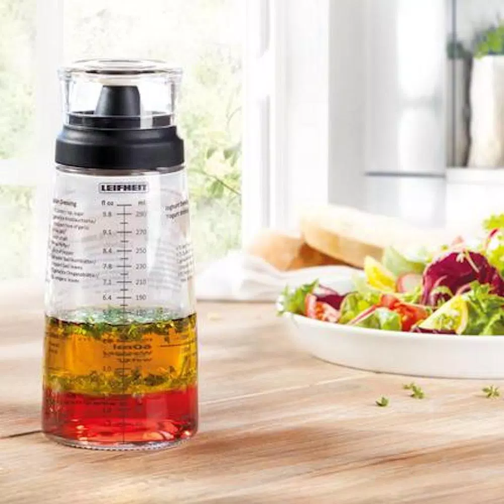HOUSEHOLD ESSENTIALS Leifheit Glass Salad Dressing Shaker with Lid and Measurement Markings, 10.1 oz