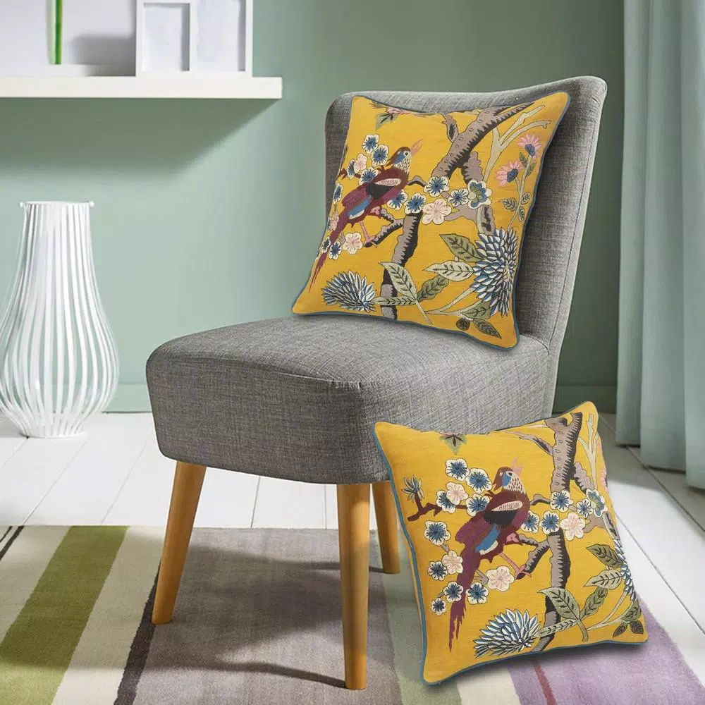 LR Home Scenic Yellow Floral Birds Throw Pillow - 20 x 20 in. Cotton Square Accent Pillow