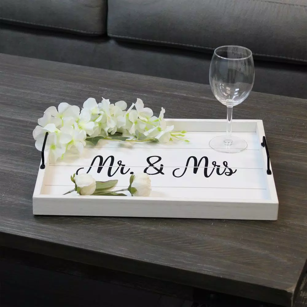 Elegant Designs White Wash Wooden Decorative Serving Tray with Black Metal Handles - Mr. and Mrs. Farmhouse Style
