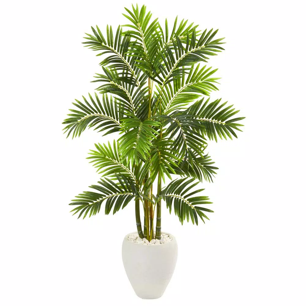 Nearly Natural 63 in. Artificial Areca Palm Tree with White Planter