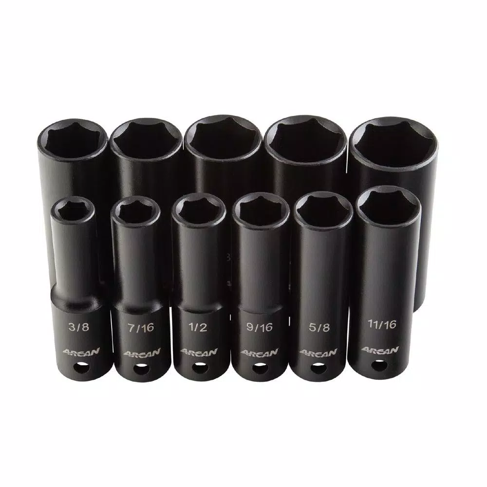 Arcan AS21211SD 1/2 in. Drive Deep SAE Impact Socket Set, 11-Piece