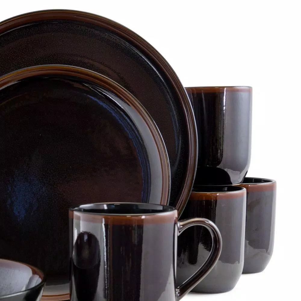 Elama Midnight Beach 16-Piece Metallic Black Stoneware Dinnerware Set, Service for 4