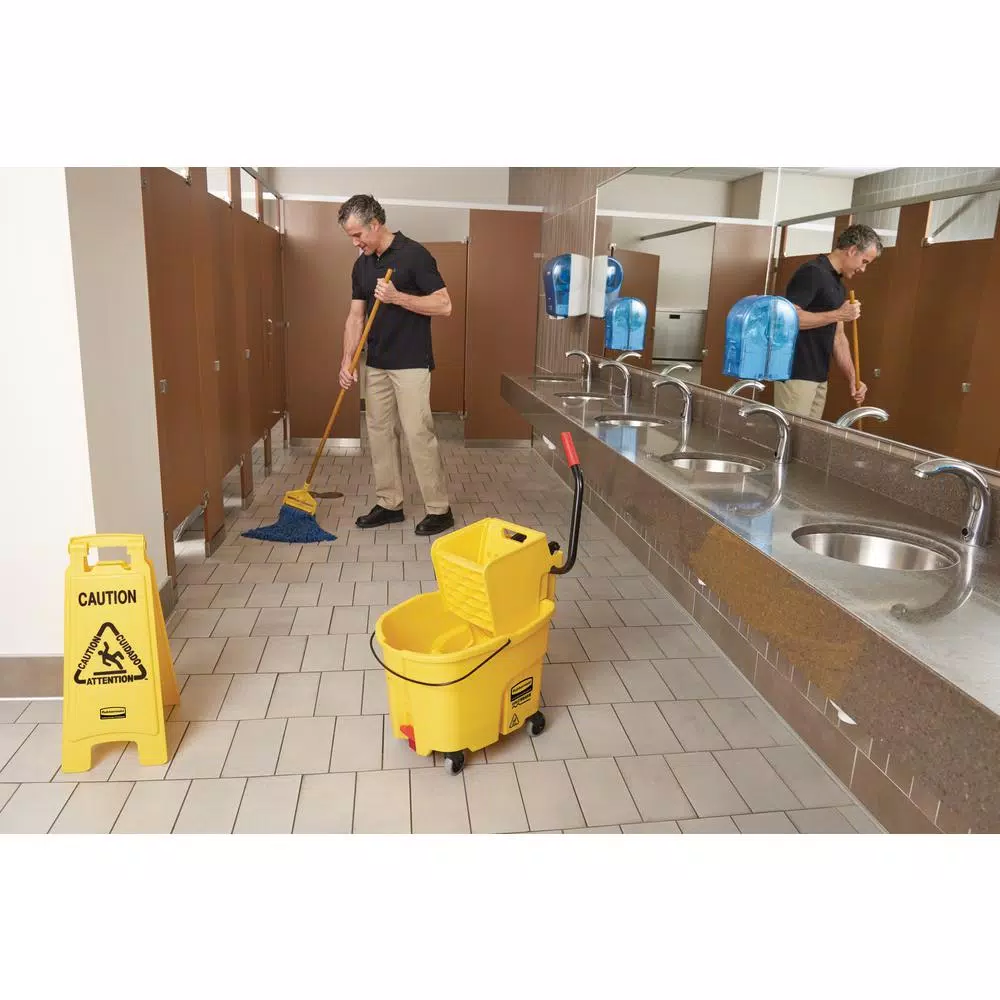 Rubbermaid Commercial Products Rubbermaid WaveBrake 35 Qt. 2.0 Side-Press Mop Bucket with Drain, Yellow