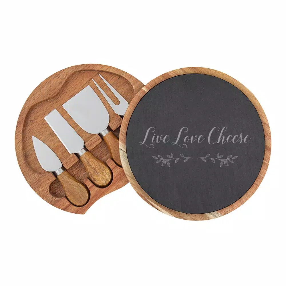 Cathy's Concepts Live Love Cheese 5-Piece Acacia Wood and Natural Slate Cheese Board Set with Utensils