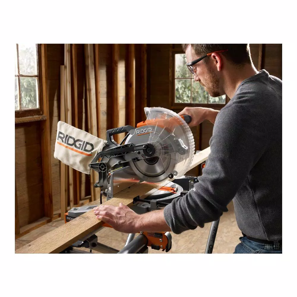RIDGID 10 in. 15 Amp Dual Bevel Miter Saw with LED Cut Line & Universal Mobile Stand Combo