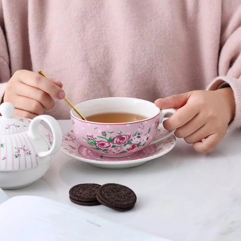 MALACASA Elegant Porcelain Tea Set for One - 3 Piece Teapot, Teacup and Saucer Set, White with Pattern