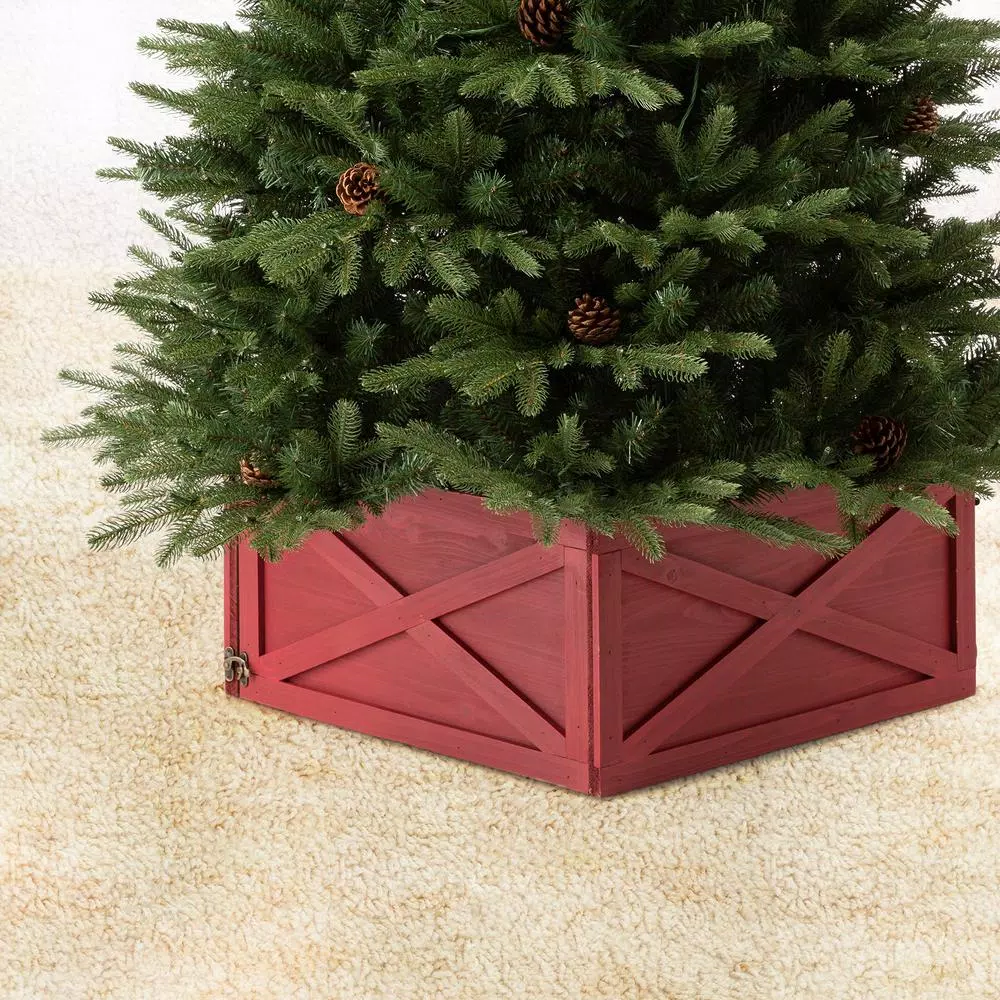 Glitzhome 22 in. Red Wooden Tree Collar - Handcrafted Rustic Tree Box