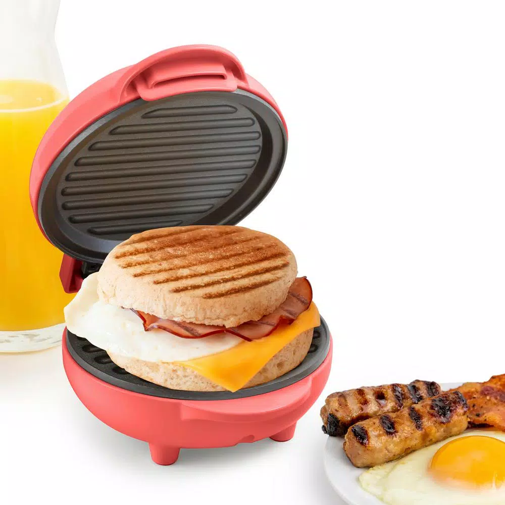 Nostalgia MyMini Personal Electric Grill, 25 sq. in. Cast-Iron Smokeless Grill, Coral Pink