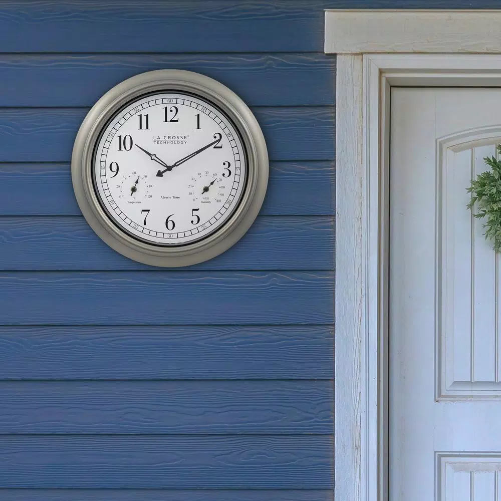La Crosse Technology 18-Inch Atomic Analog Wall Clock with Thermometer & Hygrometer, Pewter