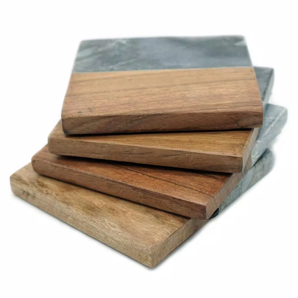 Unbranded Jodhpuri 4-Piece Ocean Gray Marble and Acacia Wood Coaster Set