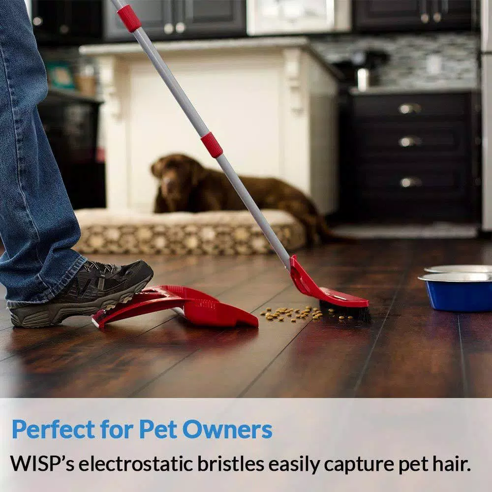 WISP 5-Piece Cleaning Set - Red Telescoping Broom with Foot-Operated Dustpan and Mini Brush Set