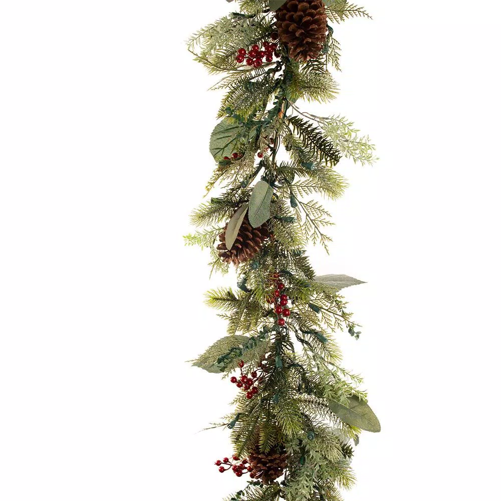 Village Lighting Company 9 ft. Pre-Lit LED Winter Frost Artificial Christmas Garland with Red Berries and Pinecones