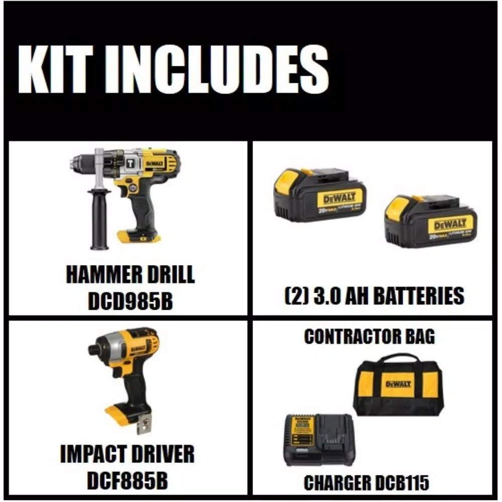 DEWALT 20V MAX Cordless Hammer Drill and Impact Driver Combo Kit with (2) 3.0 Ah Batteries & Charger