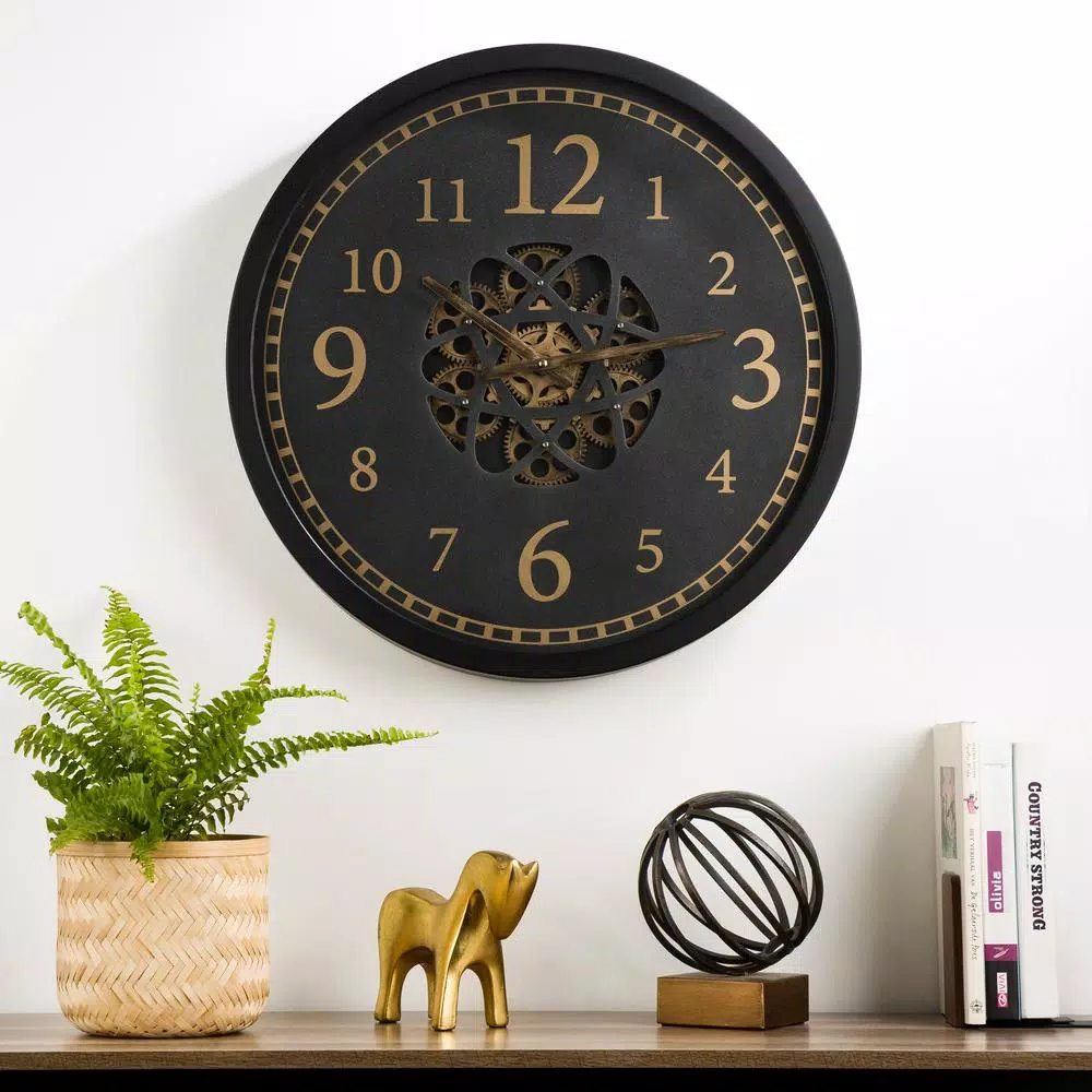 Glitzhome 22.83 in. Oversized Metal Wall Clock with Moving Gears and Roman Numerals