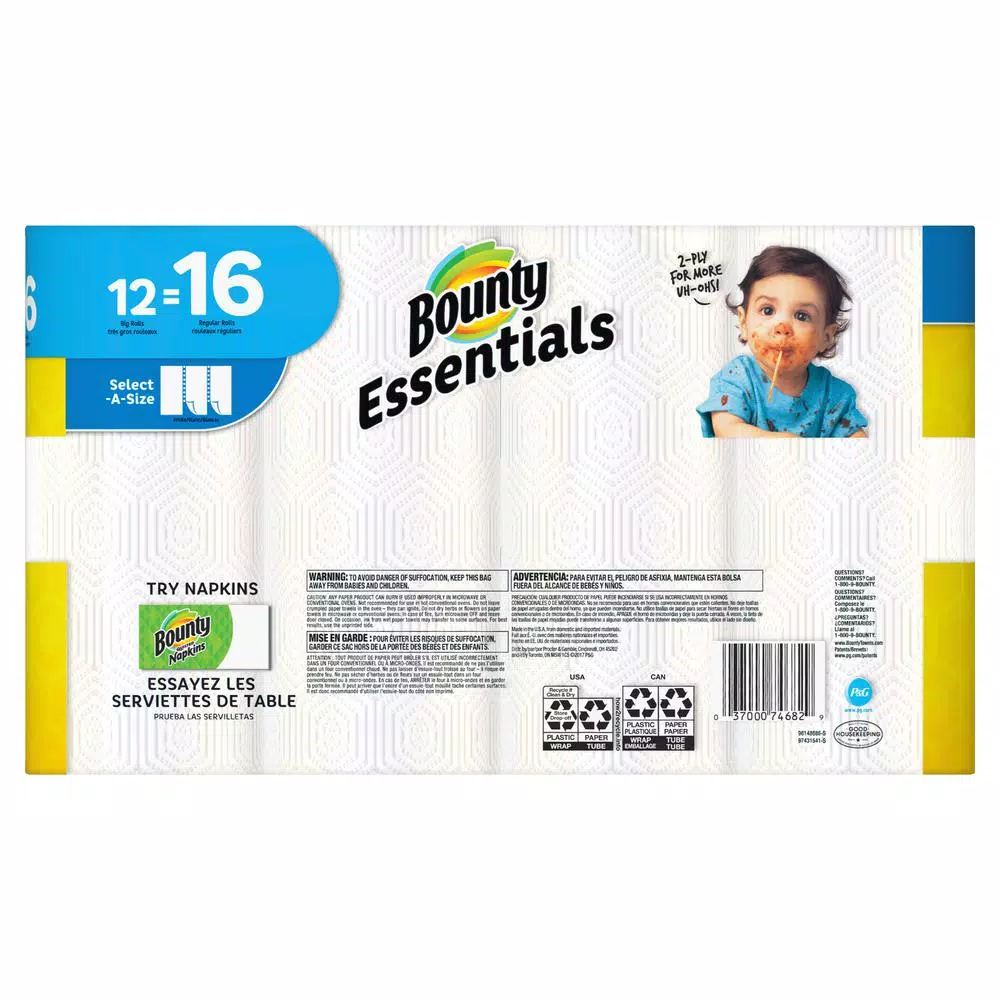 Bounty Essentials Select-A-Size White Paper Towels, 12 Big Rolls