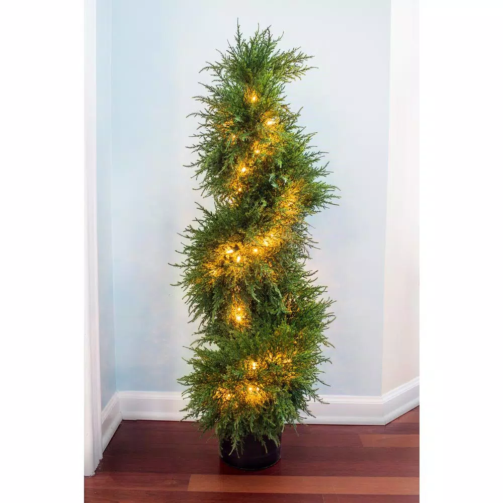 Nearly Natural 43 in. Cedar Spiral Topiary with Lights, Green Artificial Plant in Black Pot