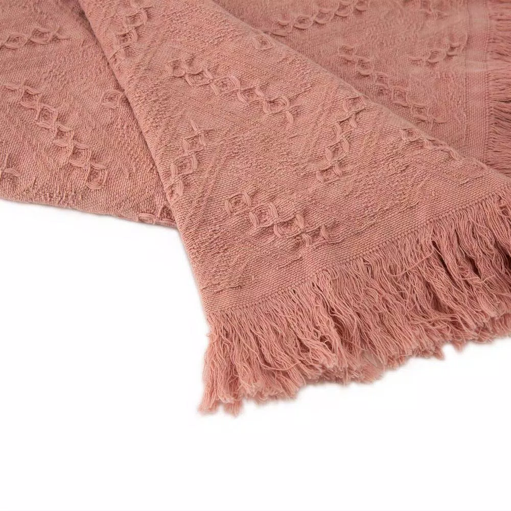 Glitzhome Coral Pink Grid Cotton Woven Throw Blanket with Tassel Trim