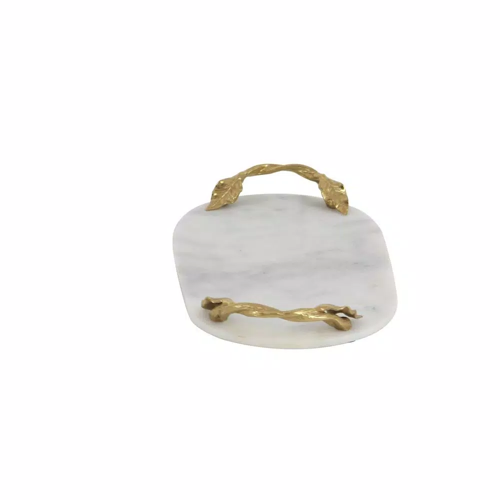 LITTON LANE 20 in. White Marble Oval Decorative Tray with Gold Leaf and Vine Aluminum Handles