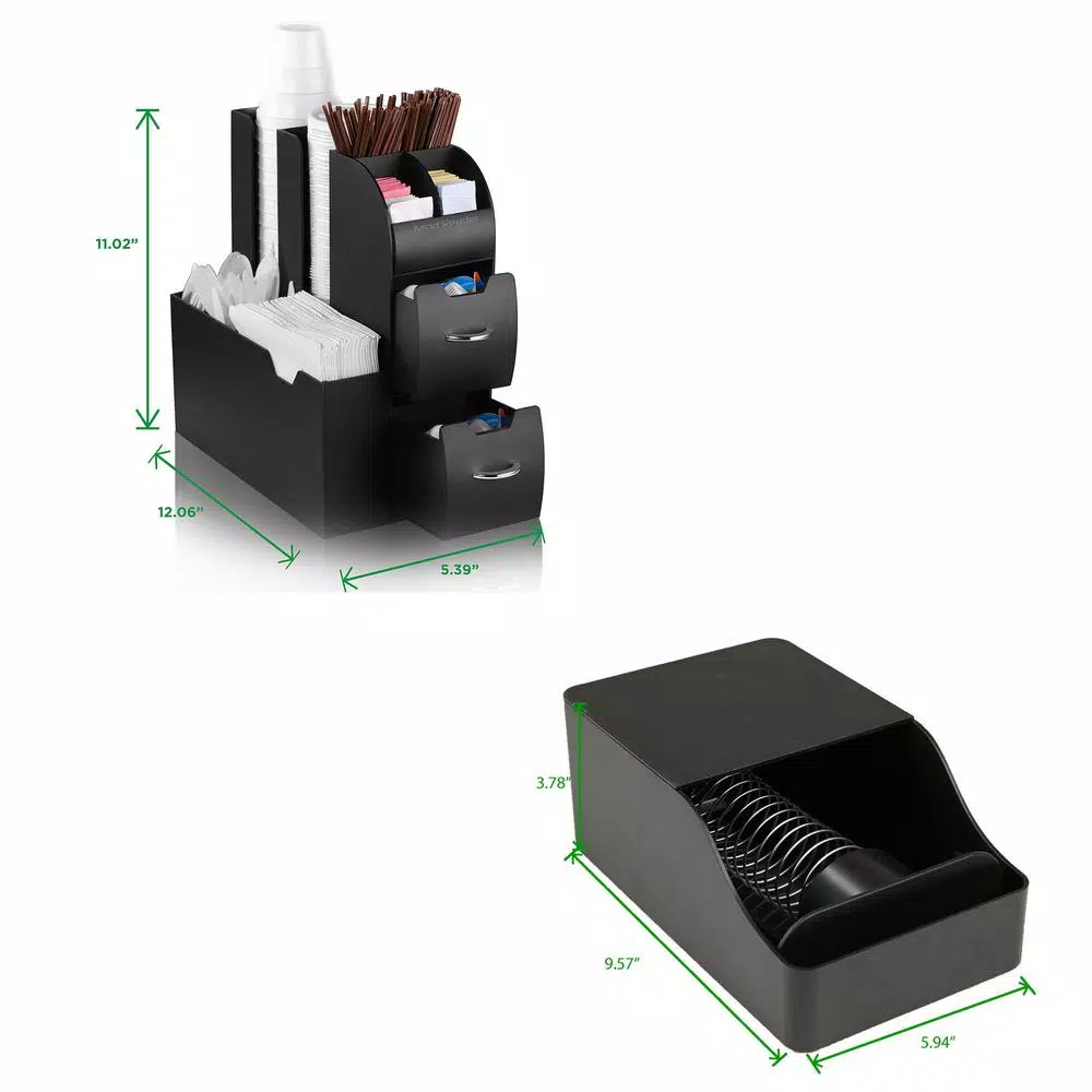 Mind Reader Black Coffee and Condiment Organizer with Integrated Sleeve Dispenser, Compact Space-Saving Design