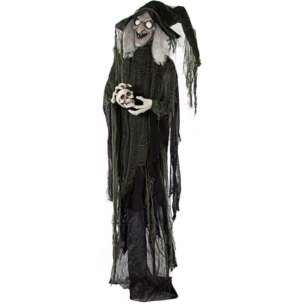Haunted Hill Farm 6 ft. Animatronic Talking Witch Halloween Prop with Shrunken Skull