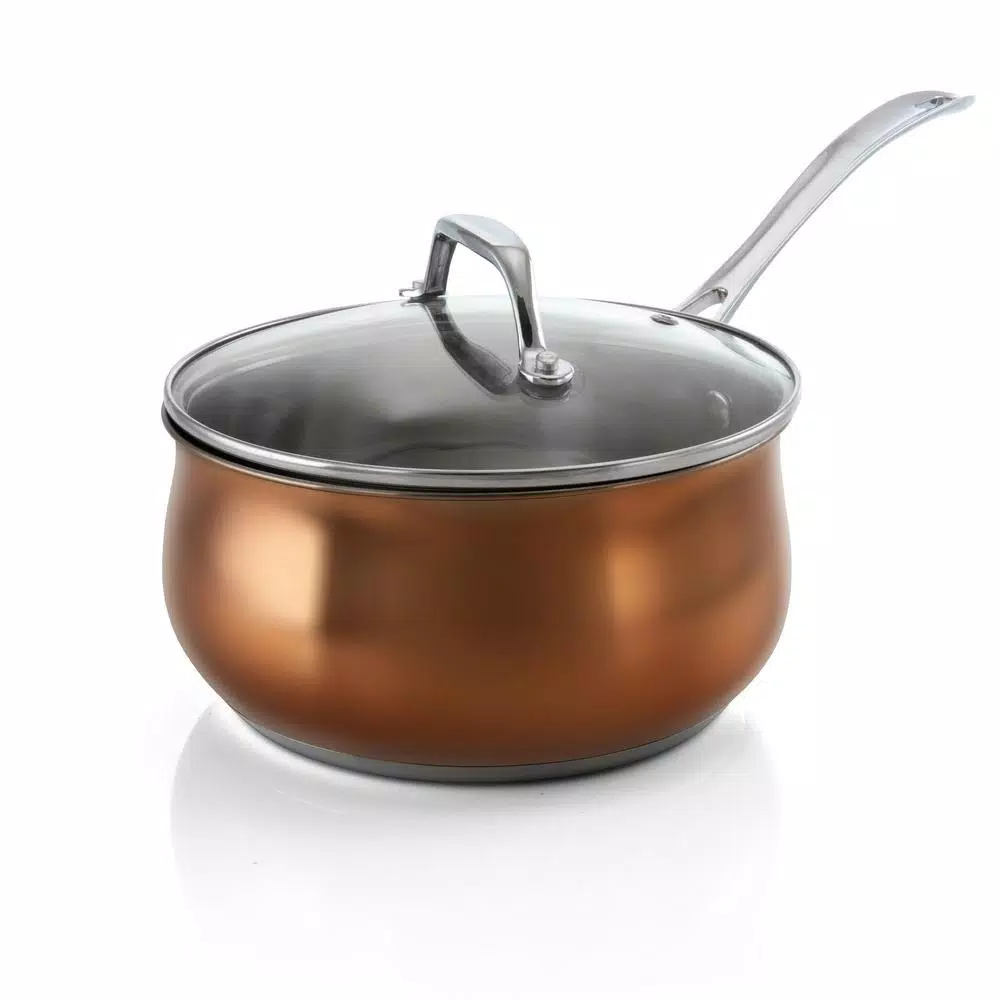 Oster Carabello 2.6 Qt. Stainless Steel Nonstick Saucepan with Glass Lid, Copper