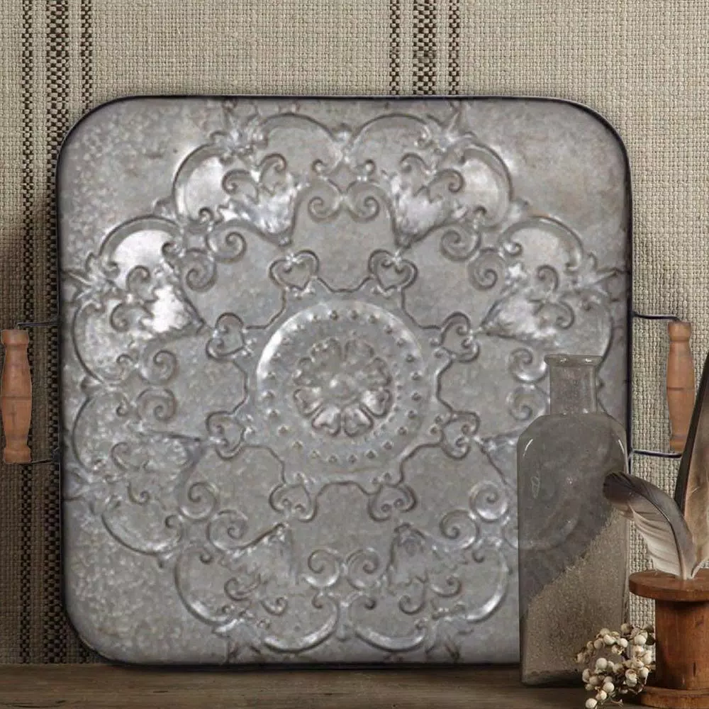 Benjara Ravello Square Gray Wood and Iron Decorative Tray with Floral Detail