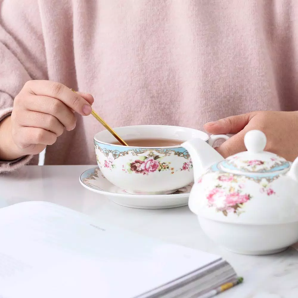 MALACASA Elegant Porcelain Tea Set for One - 3 Piece Teapot, Teacup and Saucer Set, White with Pattern