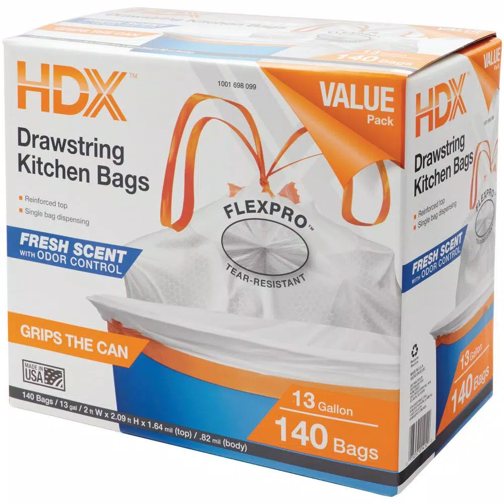HDX 13 Gallon Scented Kitchen Trash Bags with Drawstring, Odor Control, White (140-Count)