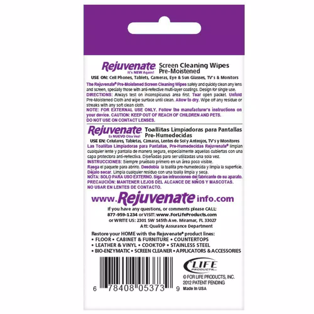Rejuvenate Pre-Moistened Screen Cleaning Wipes, 12-Count