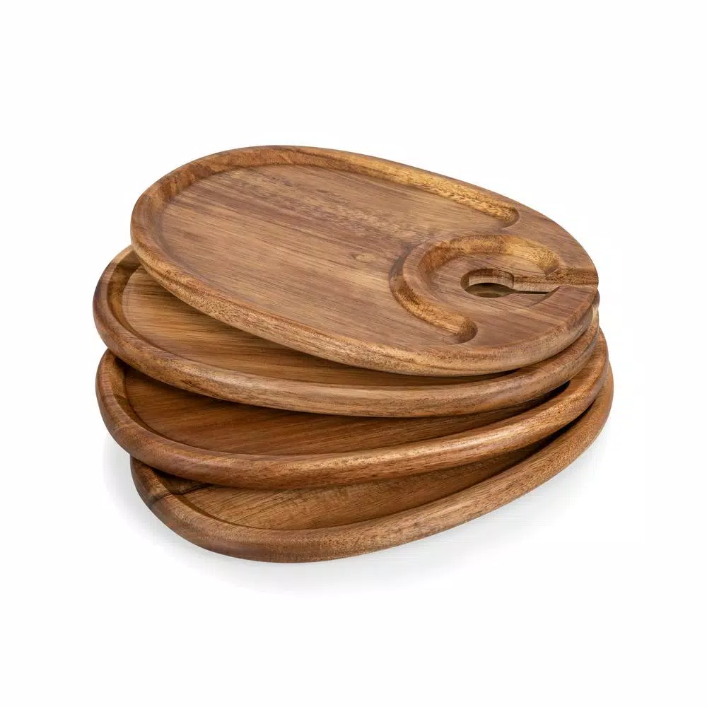 Picnic Time Acacia Wood Wine & Appetizer Plates with Glass Notch - Set of 4