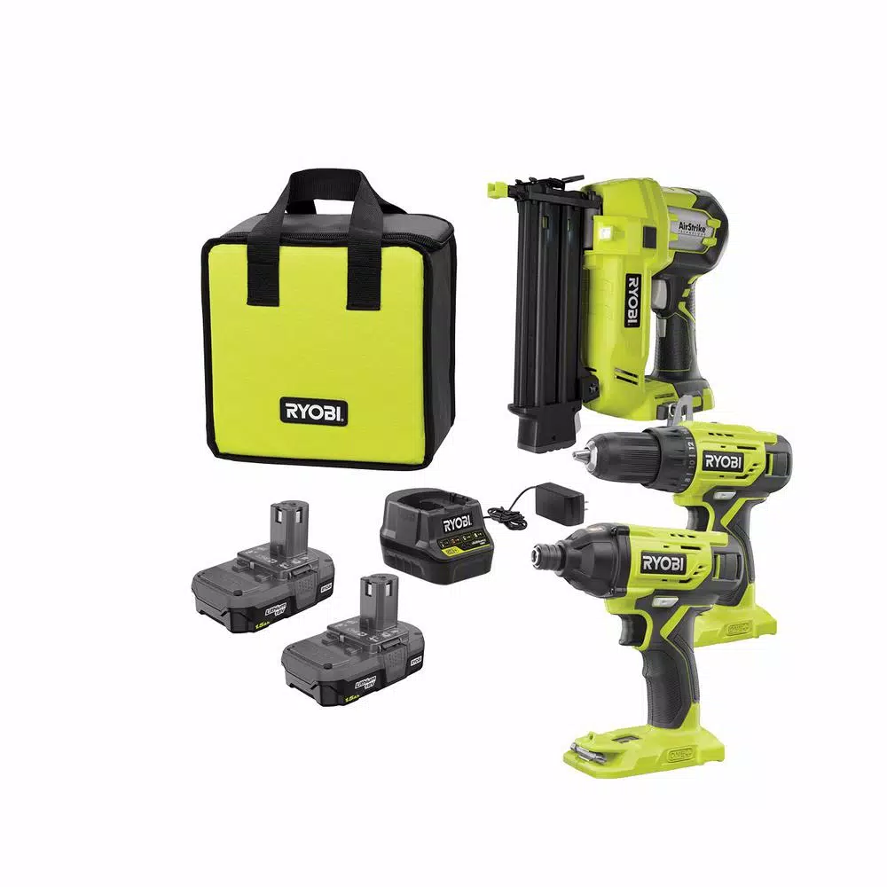 RYOBI 18V ONE+ Cordless 3-Tool Combo Kit with Drill/Driver, Impact Driver, and AirStrike 18-Gauge Brad Nailer