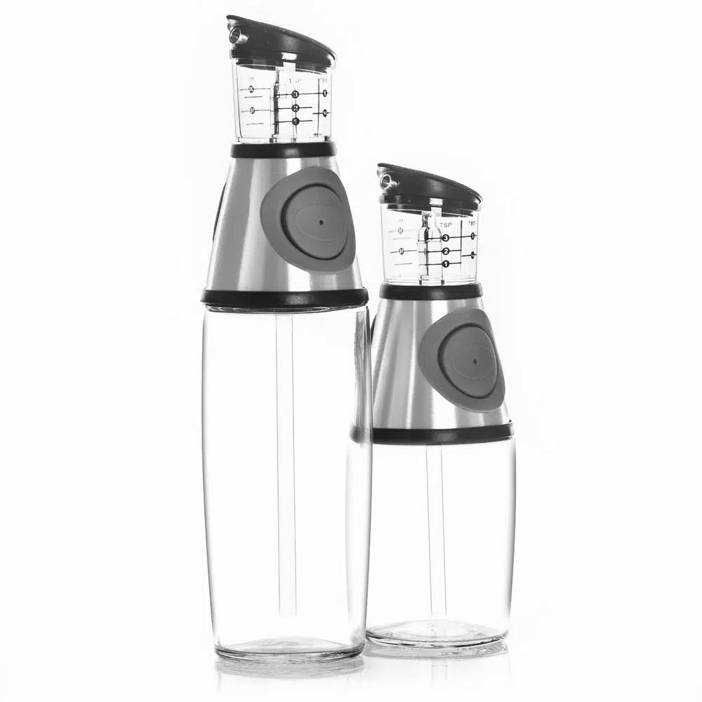Belwares Blmwares Oil and Vinegar Dispenser Set, 2-Pack Glass Bottles with Drip-Free Spouts and Measuring Pump