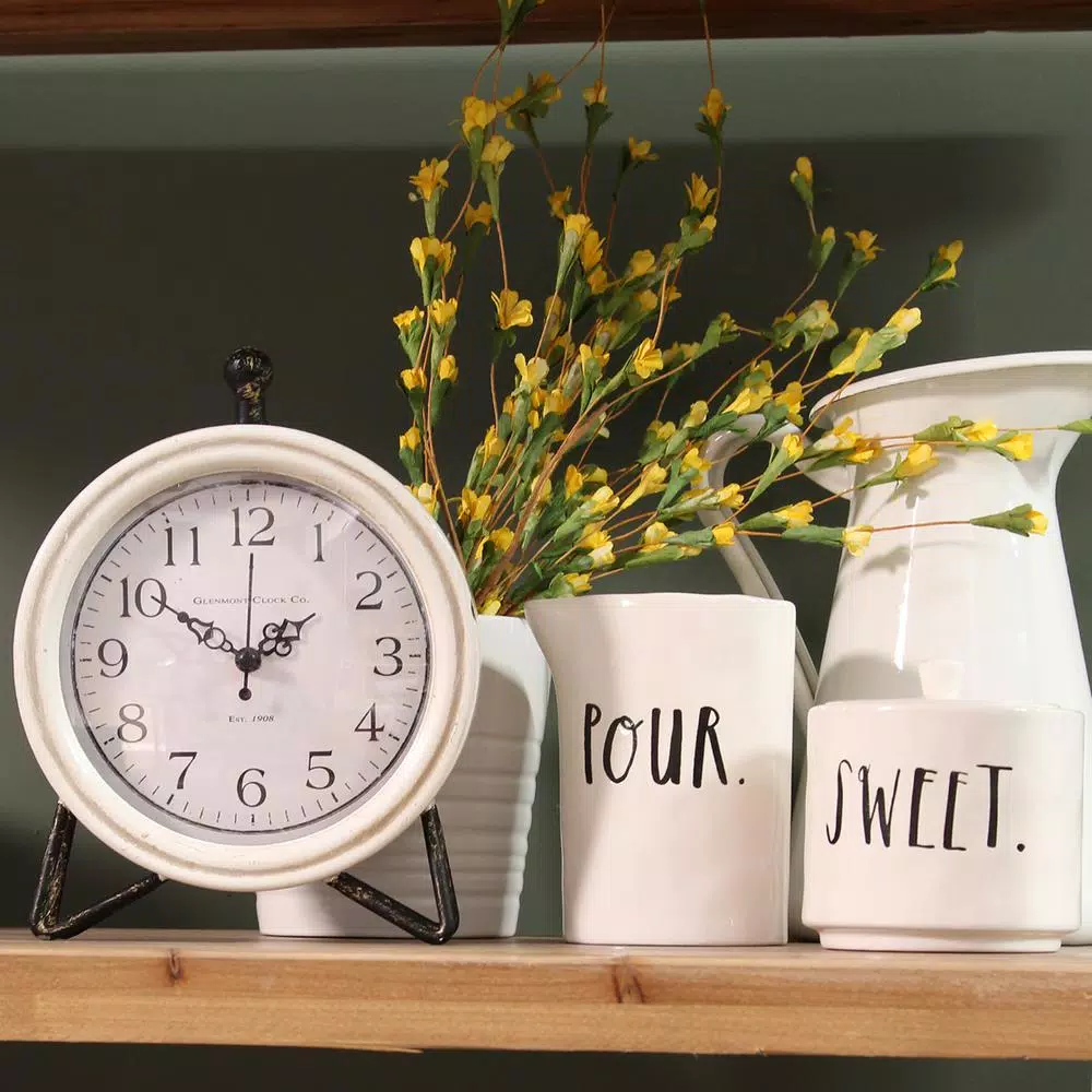 Stratton Home Decor Daisy Table Clock - Mid-Century Modern White Metal and Wood Design