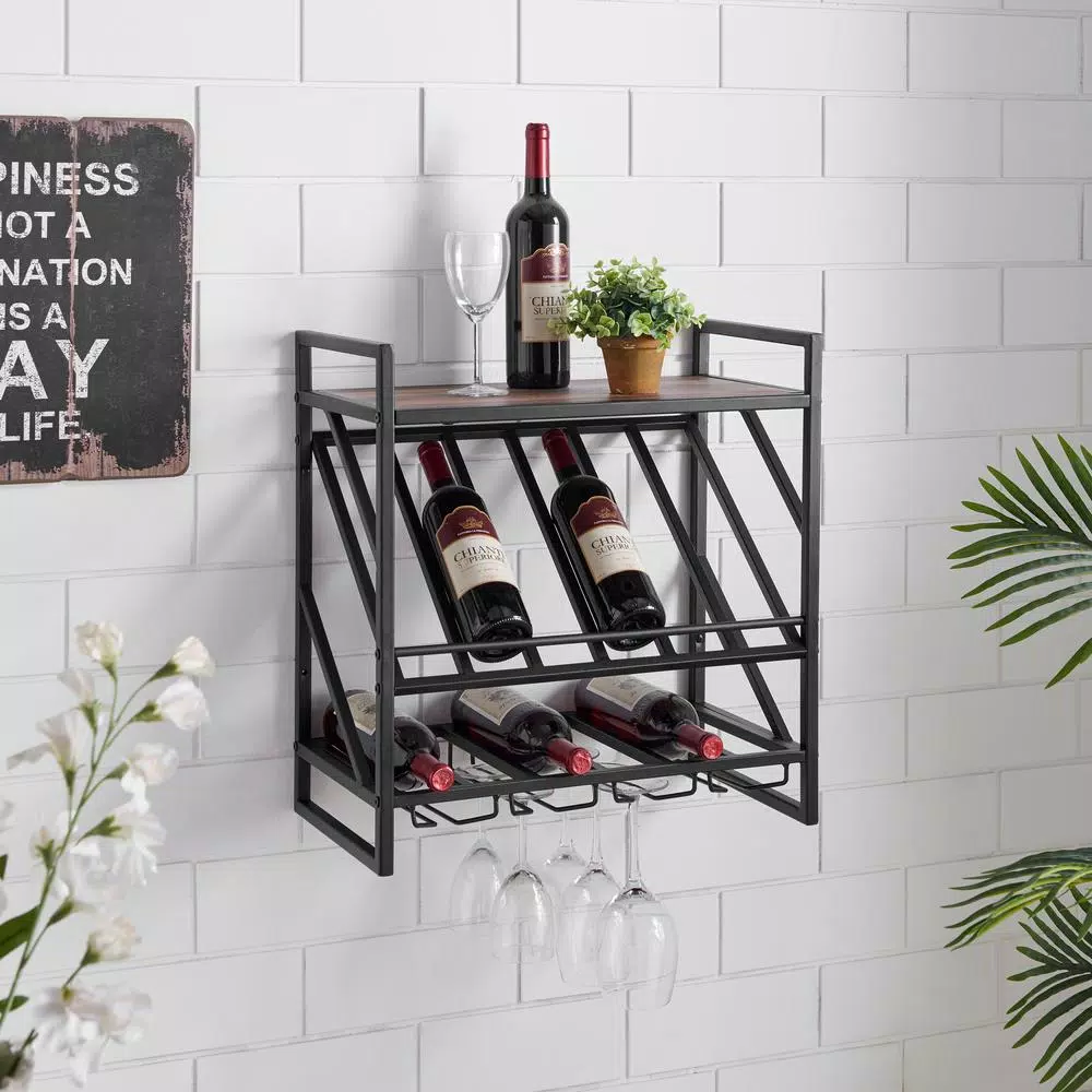 DANYA B 12-Bottle Black Wood Wall Mount Wine Rack with Stemware Organizer and Top Shelf