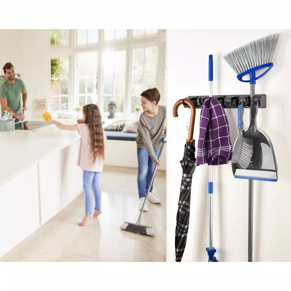 Alpine Industries 16 in. Wall Mounted Mop and Broom Holder with 5 Slots and 6 Retractable Hooks