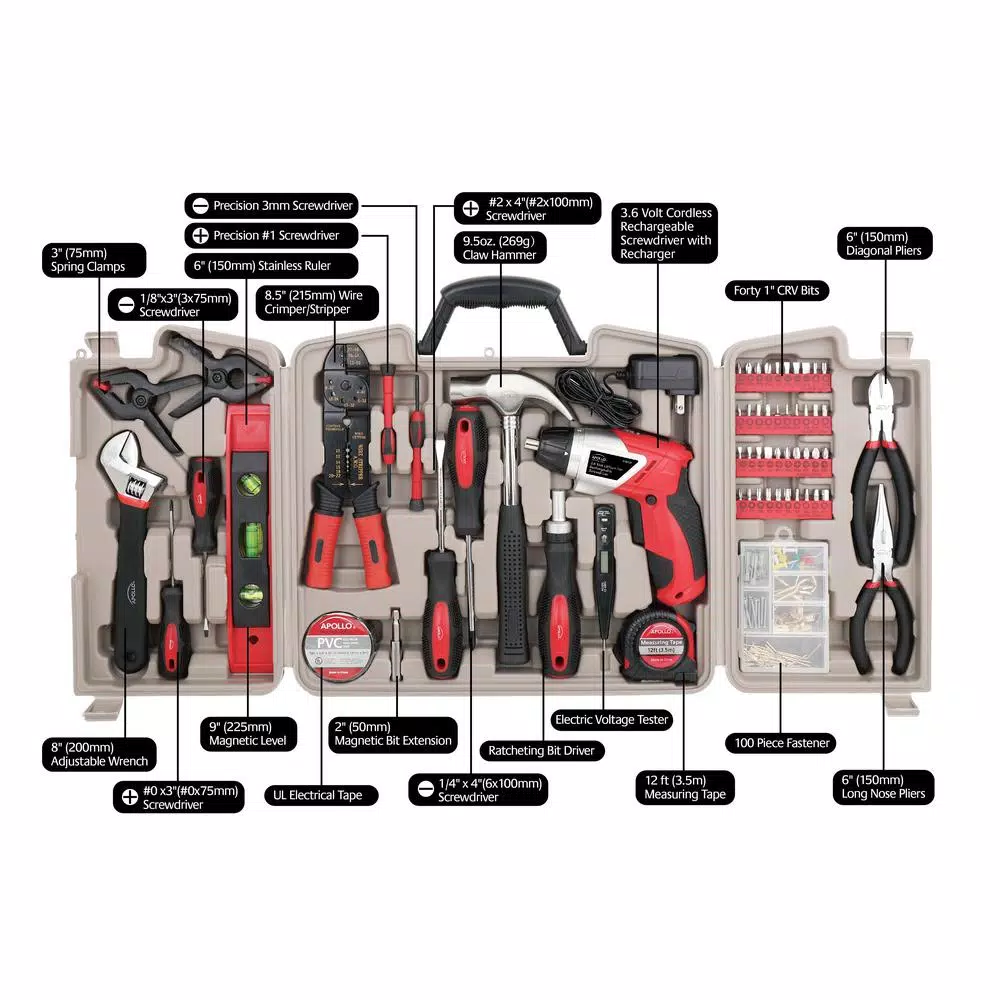 Apollo Tools 161-Piece Home Tool Kit with 3.6V Li-Ion Cordless Screwdriver