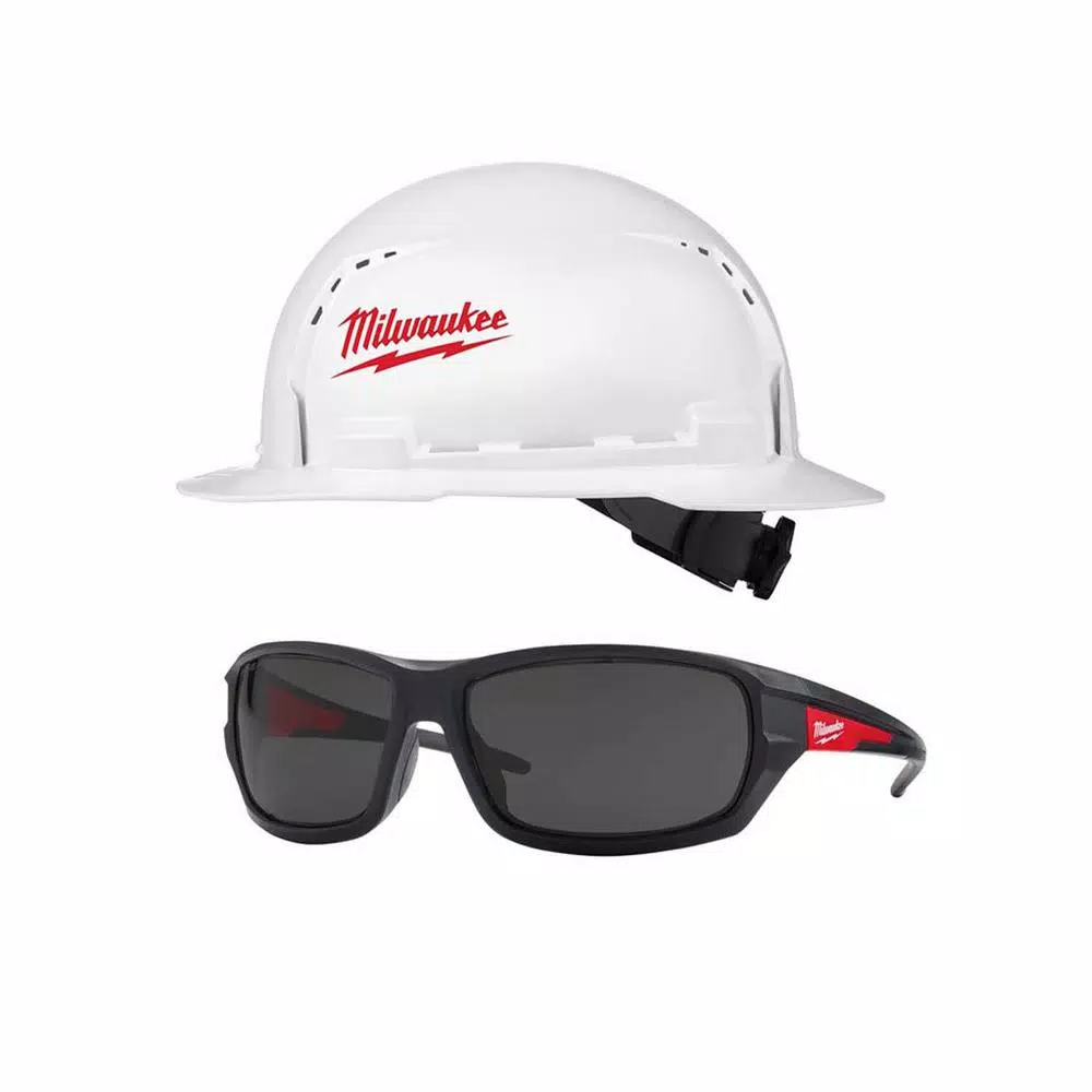 Milwaukee BOLT White Type 1 Class C Full Brim Vented Hard Hat with Performance Tinted Safety Glasses Set
