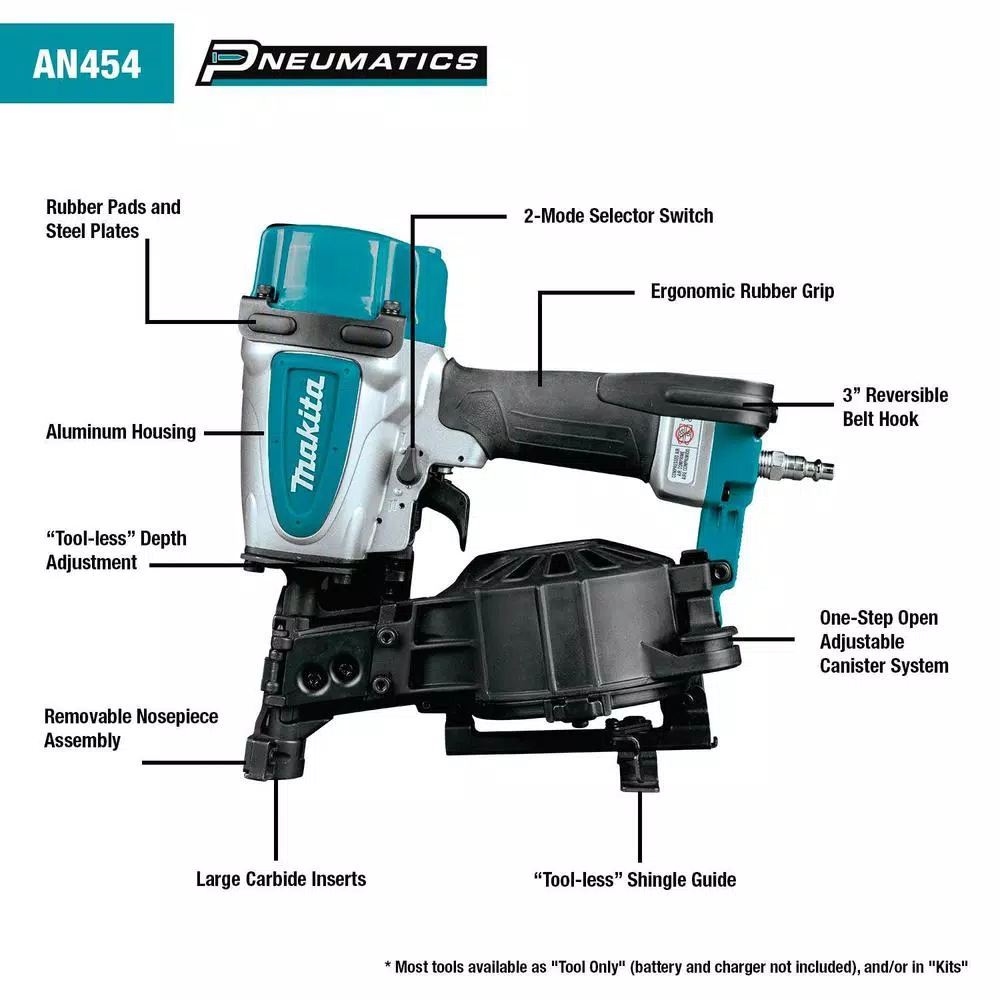 Makita AN454 15 Degree Pneumatic Coil Roofing Nailer, 1-3/4 in.