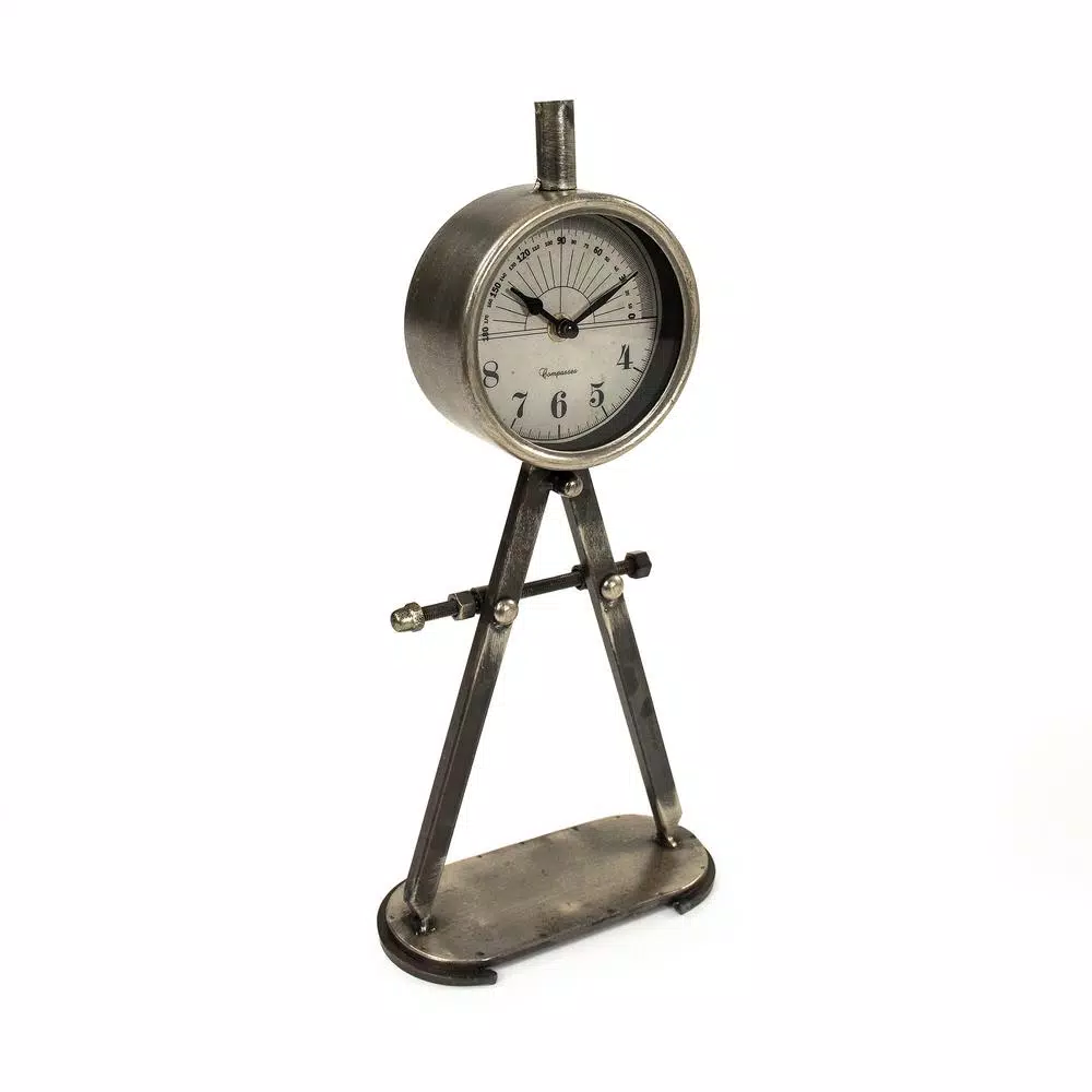 Zentique Rustic Mathematical Compass Shaped Table Clock - Antique Silver Metal Analog Desk Clock