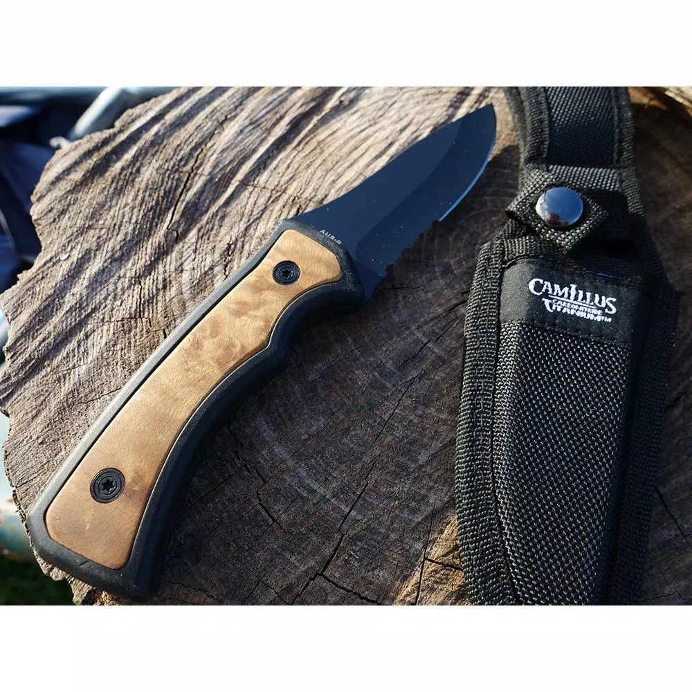 Camillus Mountaineer 4 in. Carbonitride Titanium Drop Point Fixed Blade Knife with Burlwood Accent Handle
