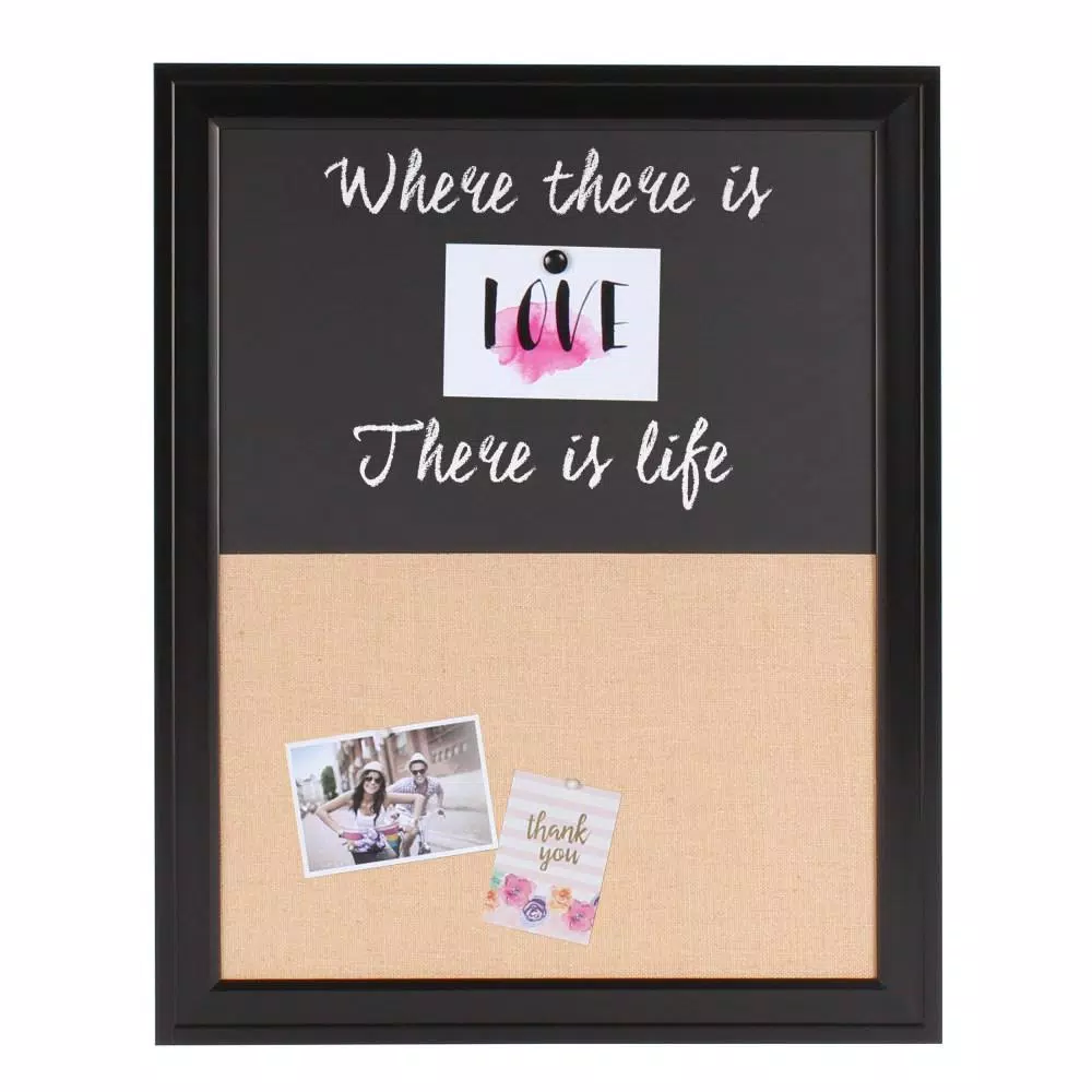 DesignOvation Bosc Black Combination Magnetic Chalkboard and Burlap Fabric Pinboard Memo Board